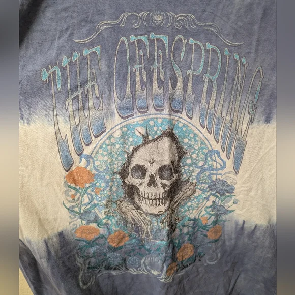 The Offsprings Tie Dye Blue And White Faded Skull & Flowers Graphic Tee. Size L - Picture 2 of 4